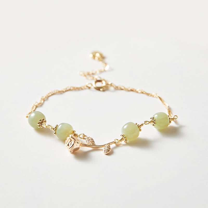 Wear FengShui 14K Gold Plated Hetian Jade Golden Rose Flower Luck Chain Bracelet