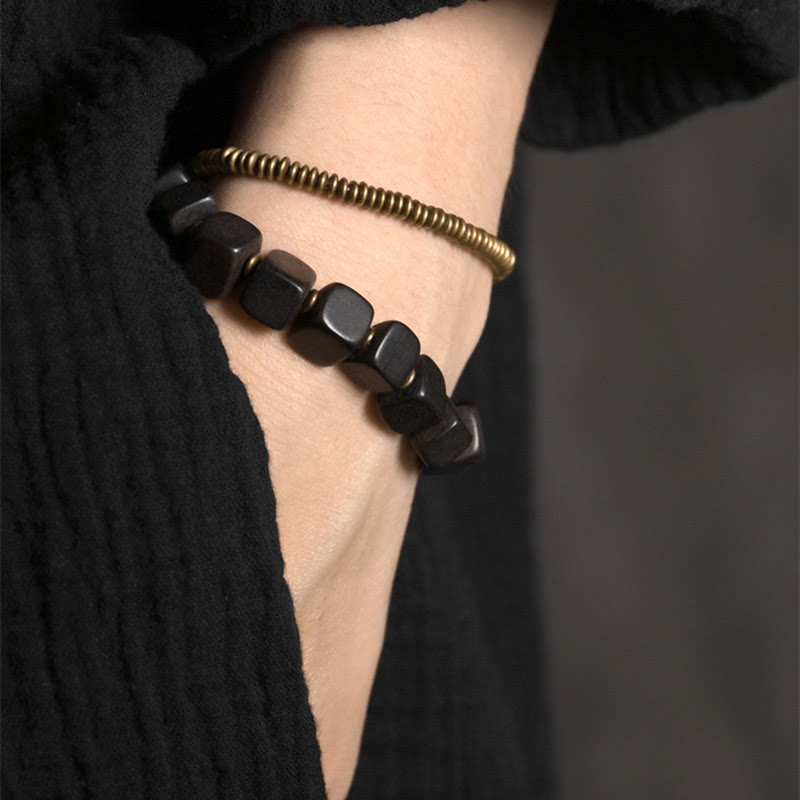 Wear FengShui Tibetan Ebony Wood Copper Peace Double Wrap Bracelet