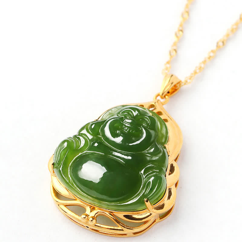 Wear FengShui 925 Sterling Silver Natural Hetian Cyan Jade Laughing Buddha 18K Gold Healing Necklace Chain Pendant