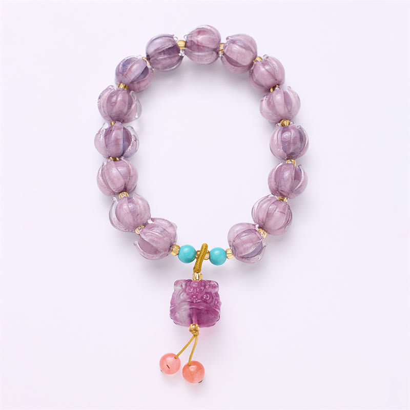 Wear FengShui Liuli Glass Bead Lotus Design Fluorite Ivory Fruit Dancing Lion Charm Enlightenment Bracelet