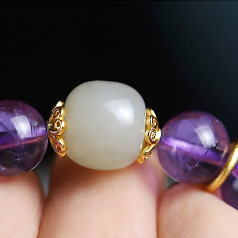 Wear FengShui Natural Amethyst Crystal Hetian Jade Healing Charm Bracelet