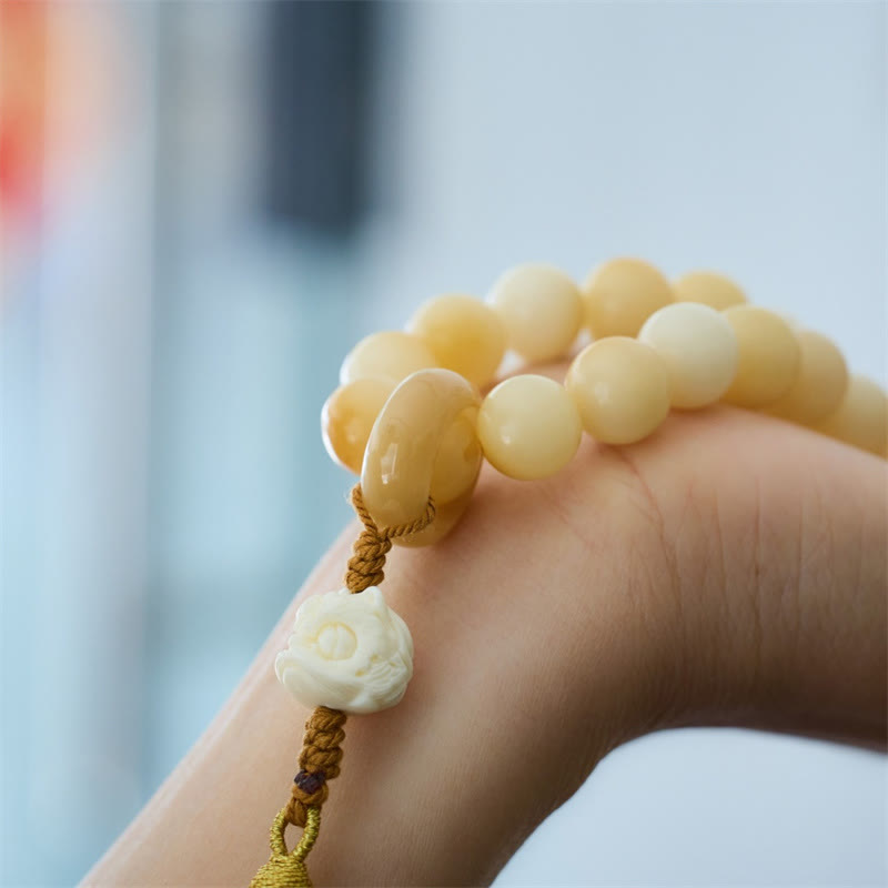 Wear FengShui Natural Bodhi Seed Ivory Fruit Dancing Lion Charm Harmony Tassel Wrist Mala