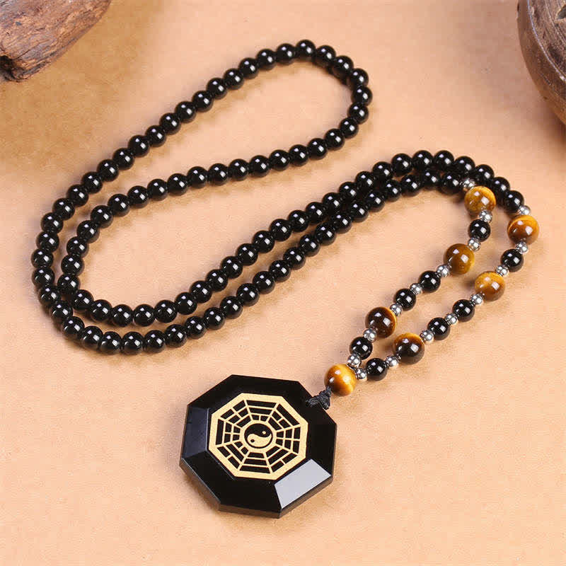 Wear FengShui Bagua Yin Yang Black Obsidian Purification Beaded Necklace Pendant