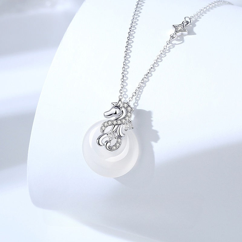 Women’s S925 Silver Star Dream Horse Peace Circle Necklace, White Jade Zodiac Horse Jewelry