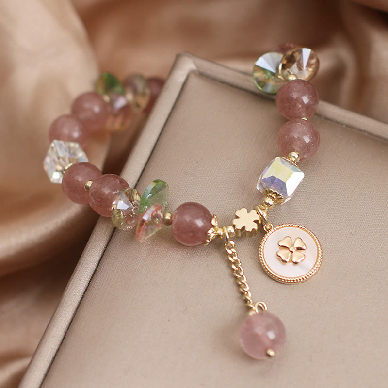 Wear FengShui Strawberry Quartz Lucky Four Leaf Clover Healing Charm Bracelet