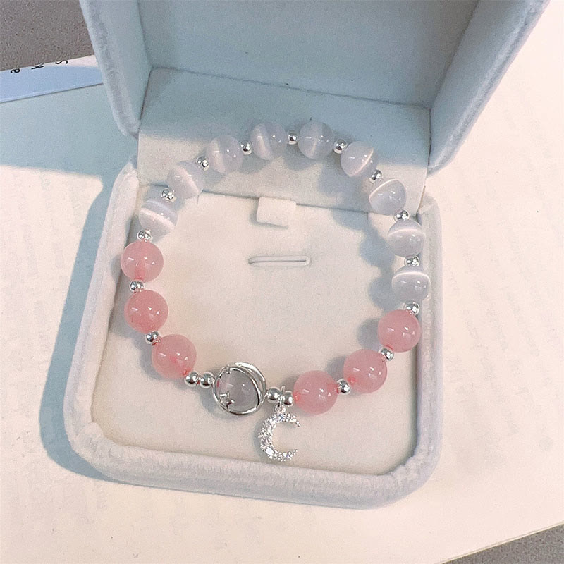 Wear FengShui Natural Cat's Eye Pink Crystal Moon Love Charm Bracelet