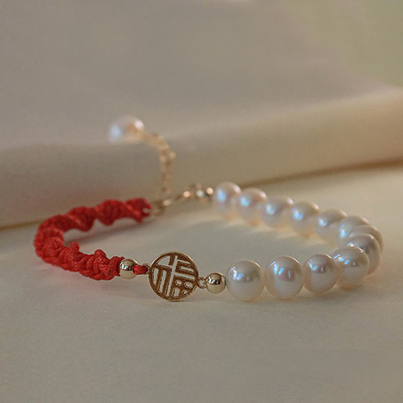 Wear FengShui 14K Gold Plated Pearl Bead Luck Protection Braid Red String Bracelet