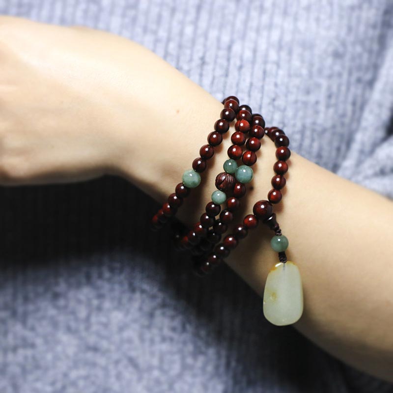 Wear FengShui Tibetan Small Leaf Red Sandalwood Jade Mala Meditation Bracelet