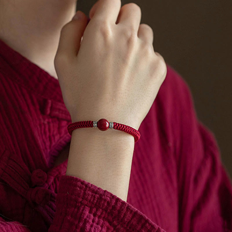 Wear FengShui 925 Sterling Silver Natural Cinnabar Bead Calm Handmade Braided String Bracelet