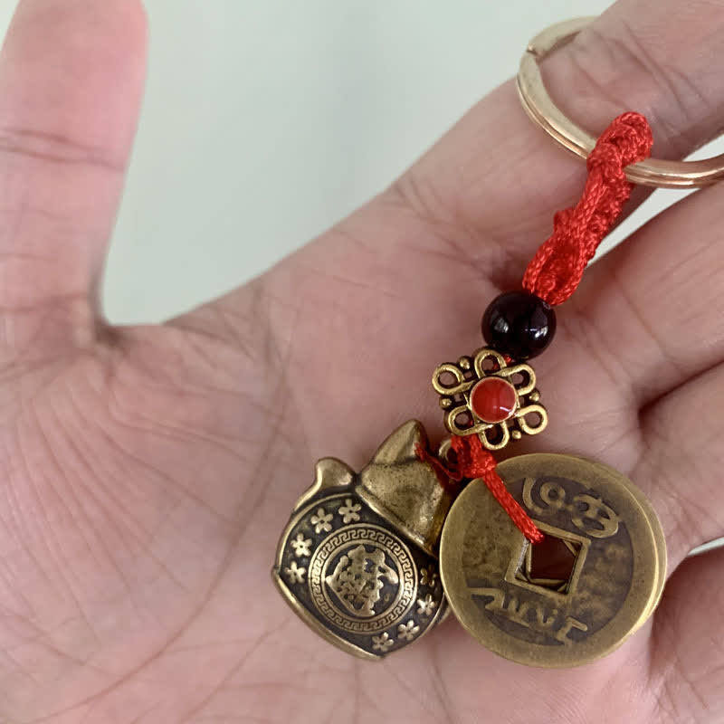Wear FengShui Feng Shui Five Emperor Coins Lucky Cat Money Wealth Keychain