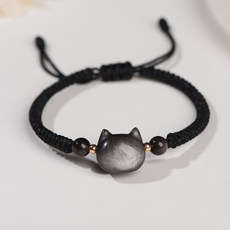 Wear FengShui Handmade Natural Silver Sheen Obsidian Strawberry Quartz Cute Cat Protection Braided Bracelet