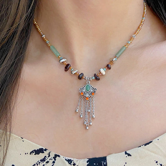Wear FengShui Tibetan Crystal Stone Copper Luck Tassel Necklace Pendant