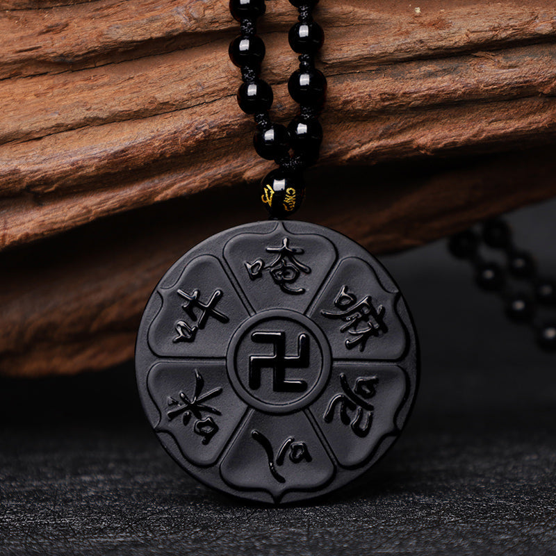Wear FengShui Natural Black Obsidian Tibetan Om Mani Padme Hum Buddha Swastika Luck Necklace Pendant
