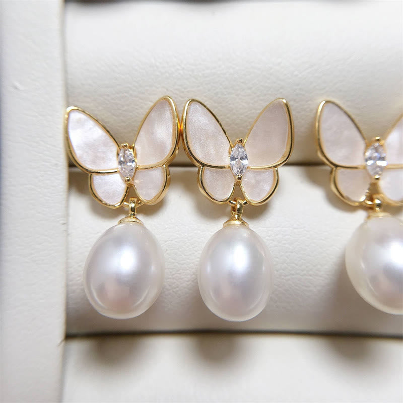 Wear FengShui 925 Sterling Silver Posts 18K Gold Plated Copper Pearl Butterfly Optimism Stud Earrings