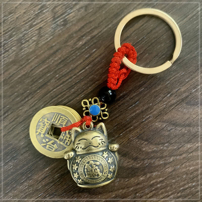Wear FengShui Feng Shui Five Emperor Coins Lucky Cat Money Wealth Keychain