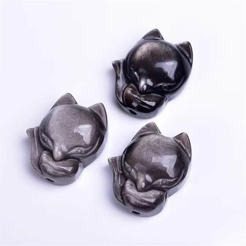 Wear FengShui Natural Silver Sheen Obsidian Fox Protection Bracelet