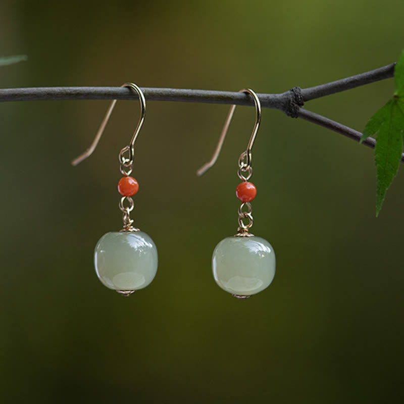 Wear FengShui 925 Sterling Silver Plated 14k Gold Hetian Jade Red Agate Luck Drop Dangle Earrings