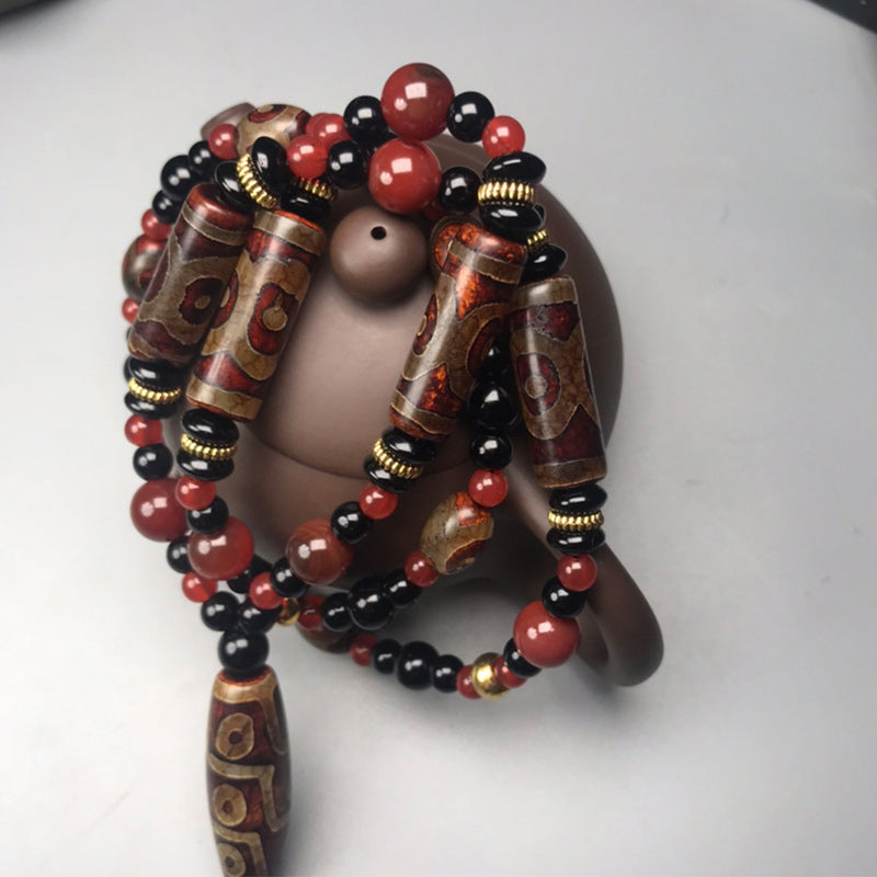 Wear FengShui Nine-Eye Dzi Bead Red Agate Wealth Health Necklace