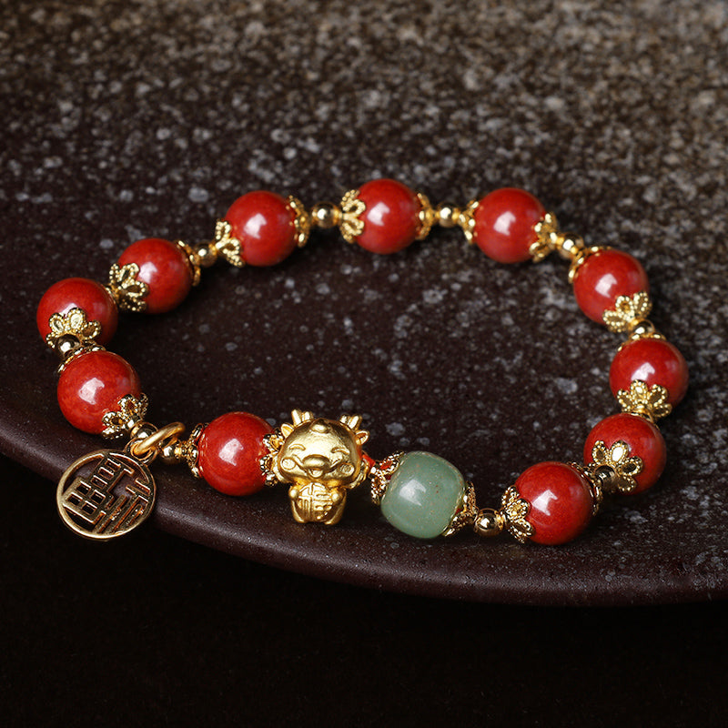 Wear FengShui Year of the Dragon Natural Cinnabar Fu Character Charm Blessing Bracelet