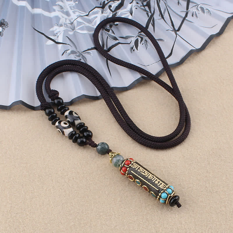 Wear FengShui Tibetan Om Mani Padme Hum Dzi Bead Wenge Wood Necklace Pendant