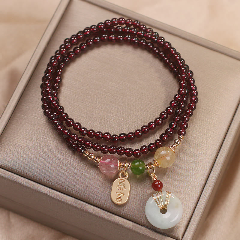 Wear FengShui Natural Garnet Strawberry Quartz Crystal Fox Koi Fish Peace Buckle Fortune Protection Triple Wrap Bracelet