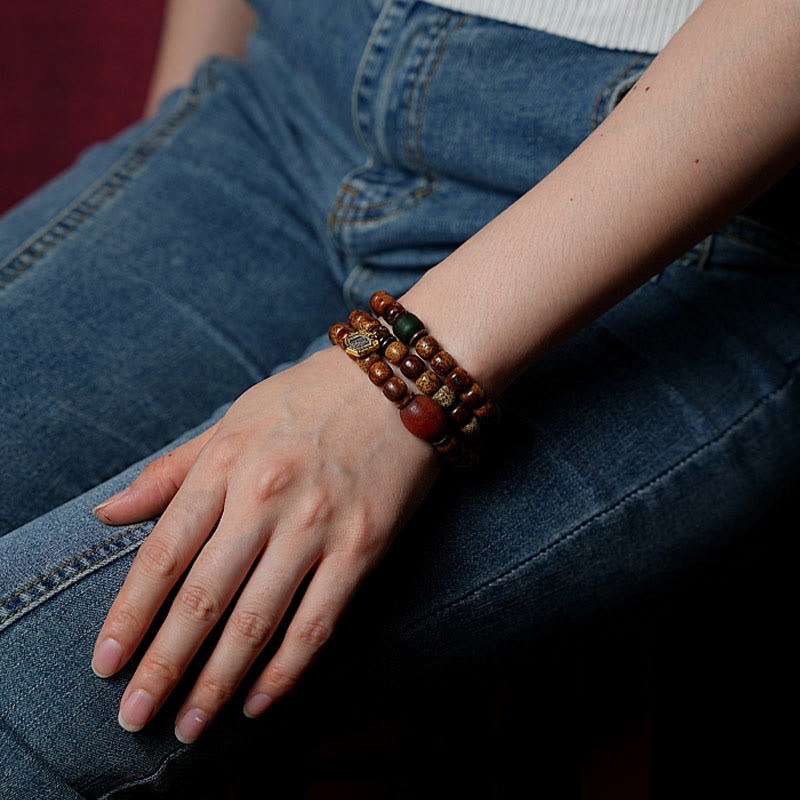 Wear FengShui Tibetan Bodhi Seed Amber Dzi Bead Agate Zakiram Goddess of Wealth Beads Triple Wrap Bracelet