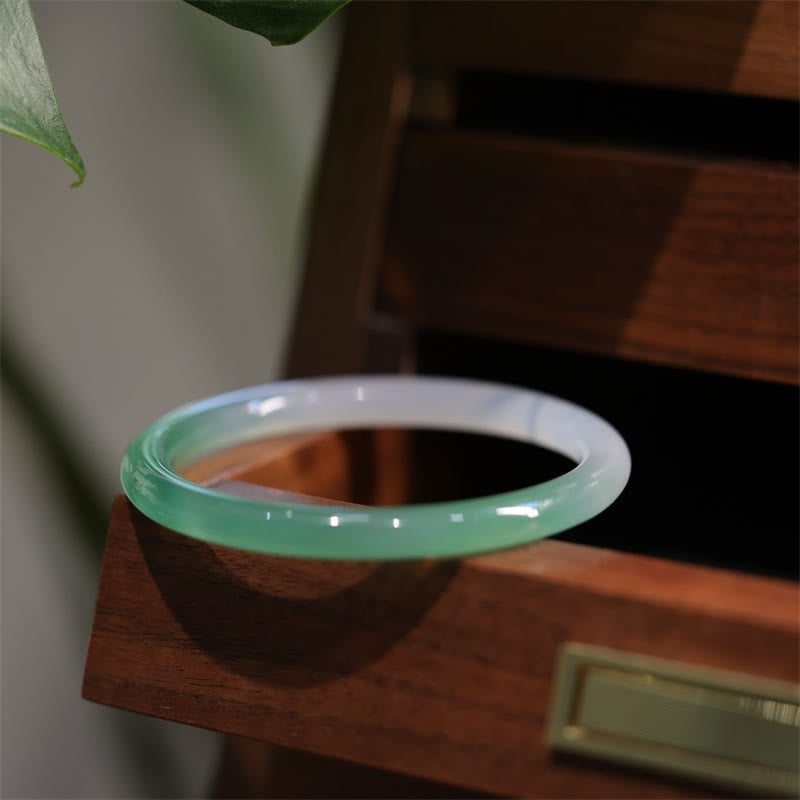 Wear FengShui Natural White And Green Chalcedony Agate Positive Cuff Bracelet Bangle