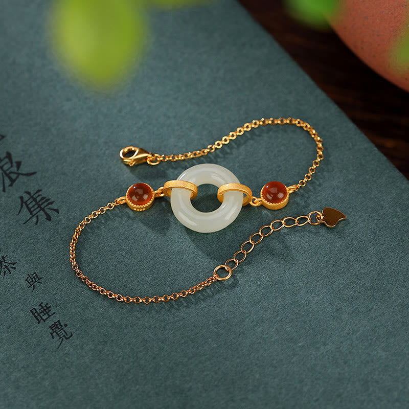 Wear FengShui 925 Sterling Silver Plated Gold Natural Hetian Jade Peace Buckle Red Agate Luck Bracelet