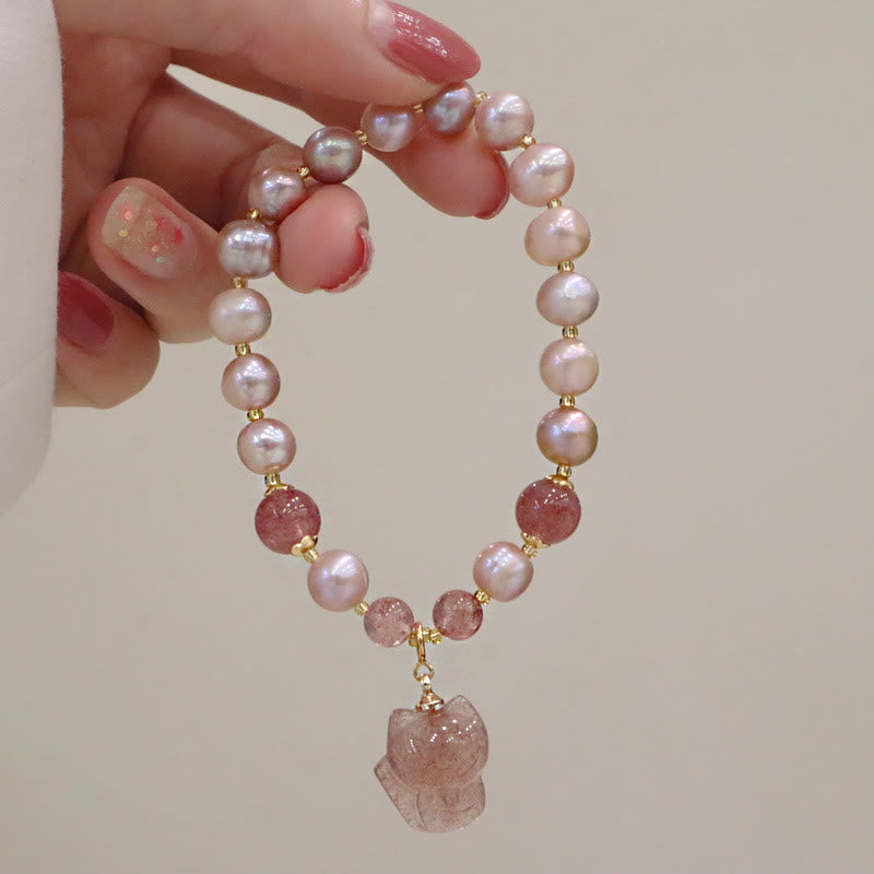 Wear FengShui Natural Pearl Strawberry Quartz Cute Fox Love Healing Charm Bracelet