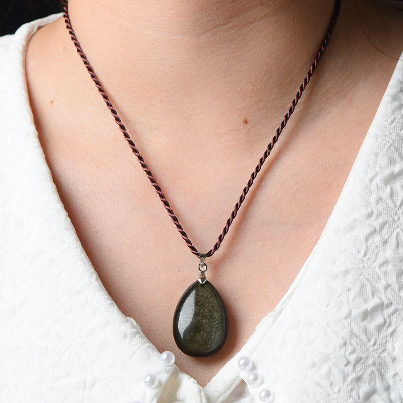 Wear FengShui Gold Sheen Obsidian Black Obsidian Rainbow Obsidian Wealth Water Drop Necklace Pendant
