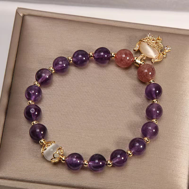 Wear FengShui Natural Amethyst Strawberry Quartz Cat Eye Chinese Lock Charm Healing Bracelet