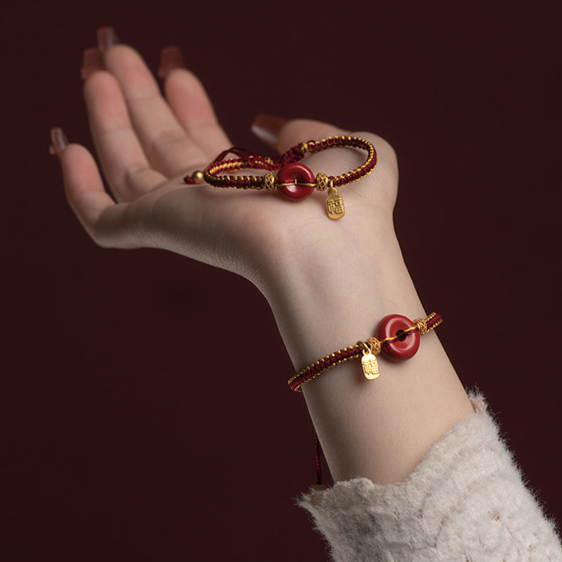 Wear FengShui Natural Cinnabar Peace Buckle Fu Character Charm Blessing Braided Bracelet