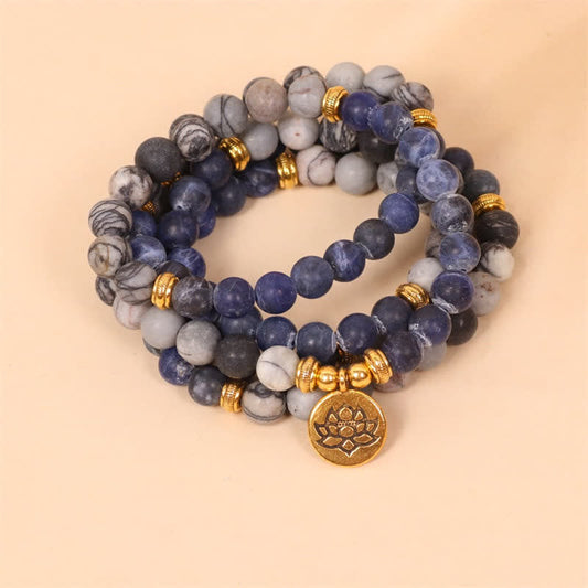 Wear FengShui 108 Mala Beads Sodalite Zebra Jasper Crystal Lotus Strength Bracelet