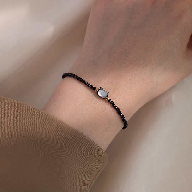 Wear FengShui 14K Gold Plated Black Spinel White Crystal Cute Cat Tridacna Stone Healing Bracelet