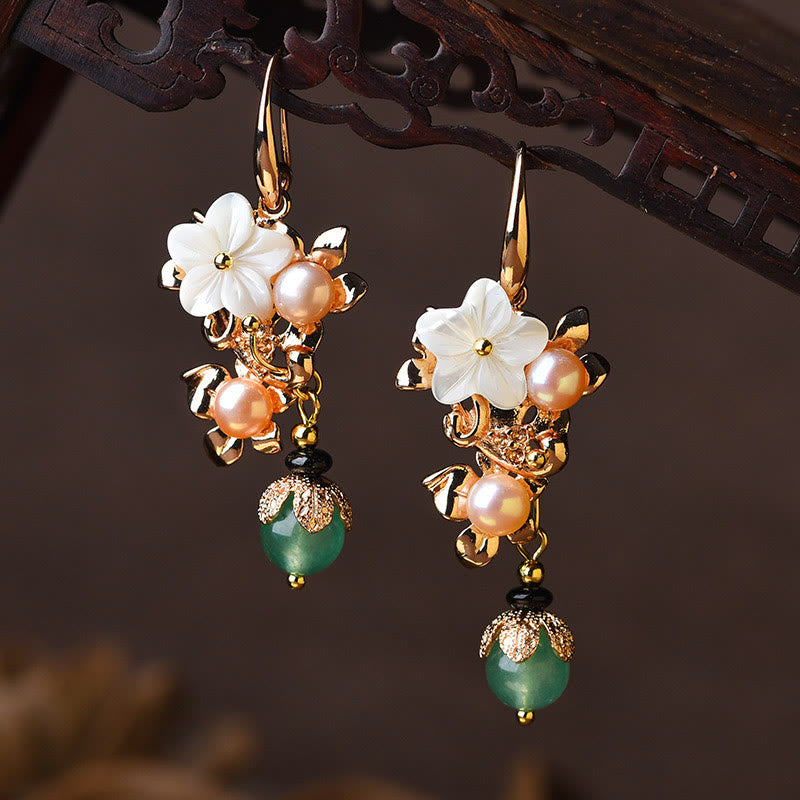 Wear FengShui 14K Gold Plated Tridacna Stone Flower Pearl Green Aventurine Bead Drop Earrings