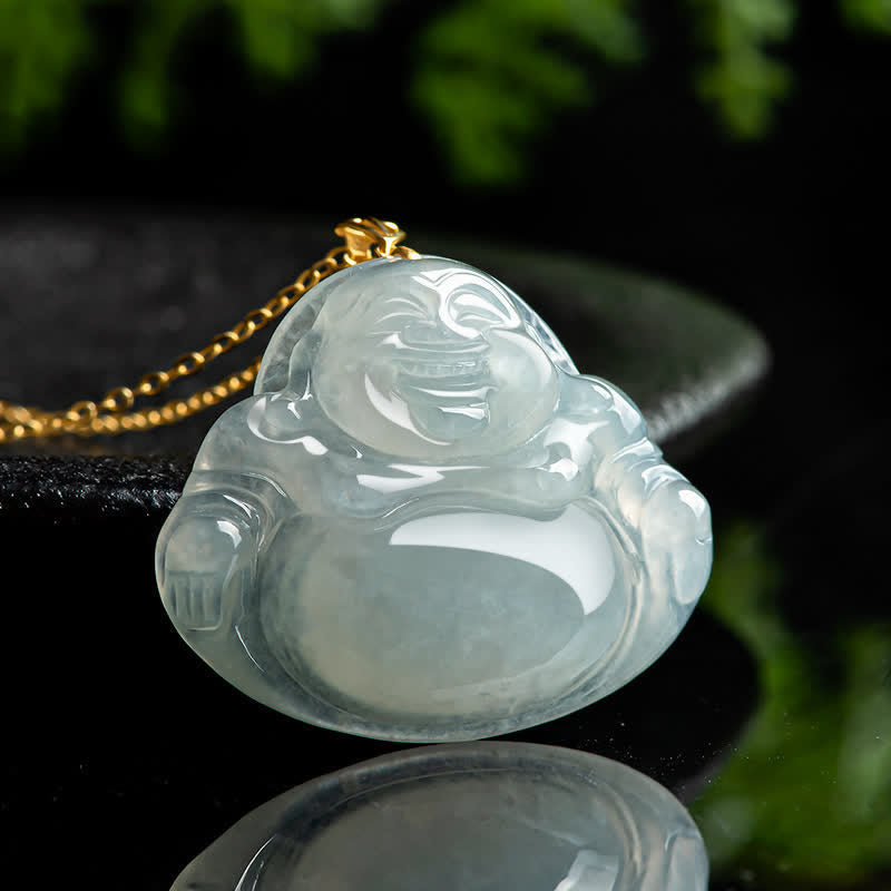 Wear FengShui Laughing Buddha Natural Jade Abundance Titanium Steel Chain Necklace Pendant