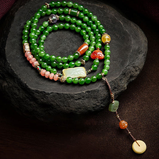 Wear FengShui 108 Mala Beads Cyan Jade Red Agate Laughing Buddha Luck Bracelet