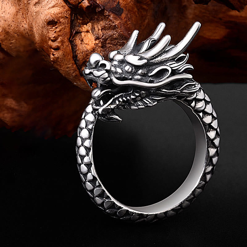 Wear FengShui 990 Sterling Silver Vintage Dragon Design Luck Protection Strength Adjustable Ring