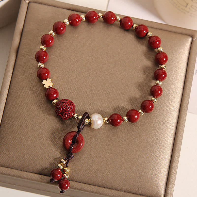 Wear FengShui Natural Cinnabar Peace Buckle Copper Coin Charm Blessing Bracelet