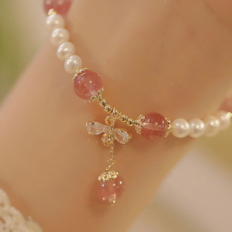 Wear FengShui Natural Pearl Strawberry Quartz Healing Cute Honey Bee Charm Bracelet