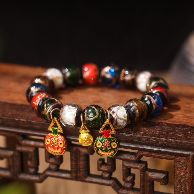 Wear FengShui Five Elements Gold Swallowing Beast Family Charm Liuli Glass Bead Luck Bracelet