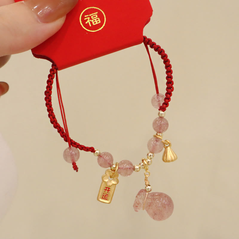 Wear FengShui Natural Strawberry Quartz Money Bag Lotus Healing Charm Red String Braided Bracelet