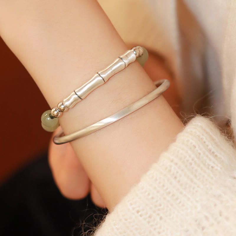 Wear FengShui 925 Sterling Silver Natural Jade Fu Character Bamboo Abundance Bracelet