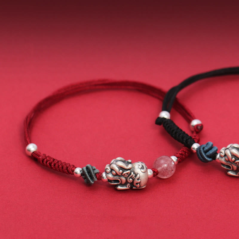 Wear FengShui 999 Sterling Silver PiXiu Strawberry Quartz Bead Wealth Luck Braided Bracelet