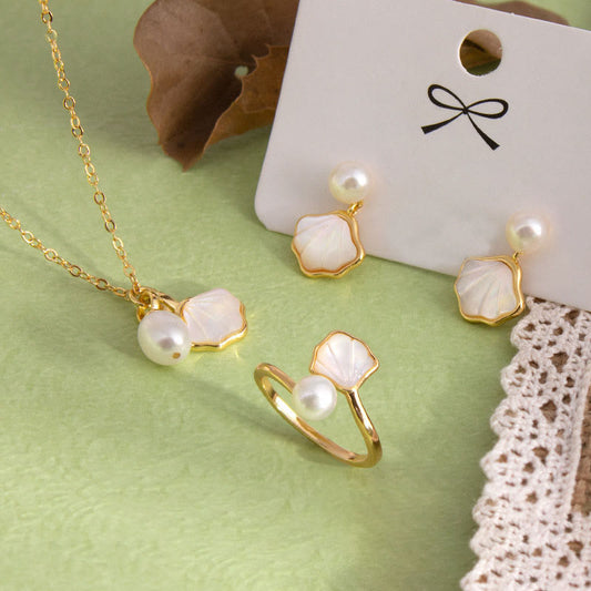 Wear FengShui Ginkgo Tridacna Stone Pearl Bead Copper Blessing Necklace Pendant Ring Earrings Set