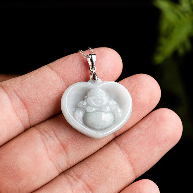 Wear FengShui Laughing Buddha White Jade Luck Blessing Titanium Steel Chain Necklace Pendant