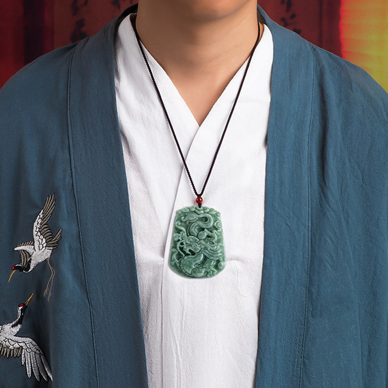 Wear FengShui Chinese Zodiac Dragon Jade Strength Necklace String Pendant