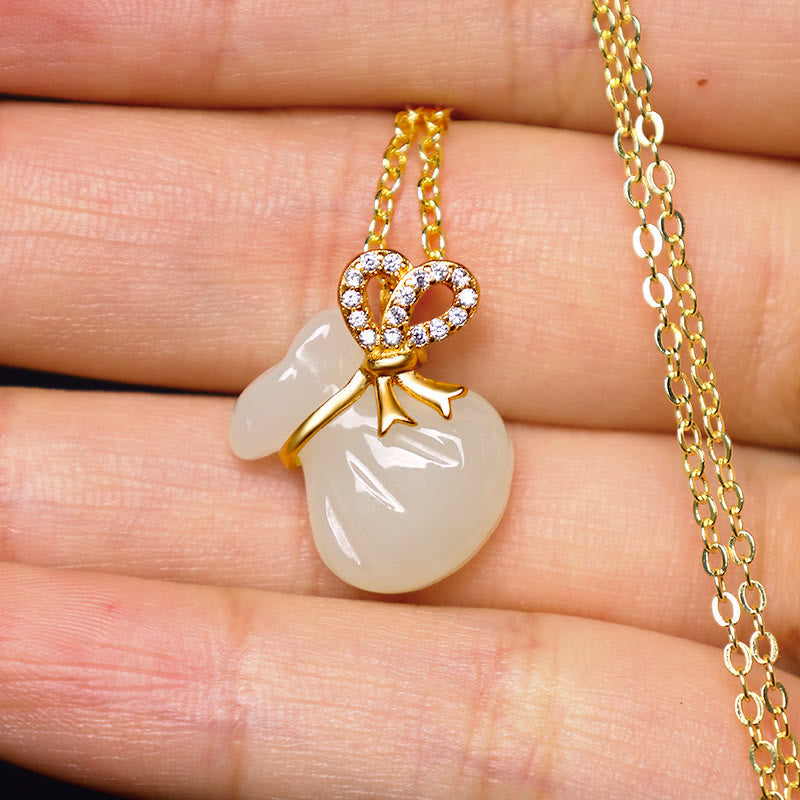 Wear FengShui Natural Hetian White Jade Luck Money Bag Necklace Pendant