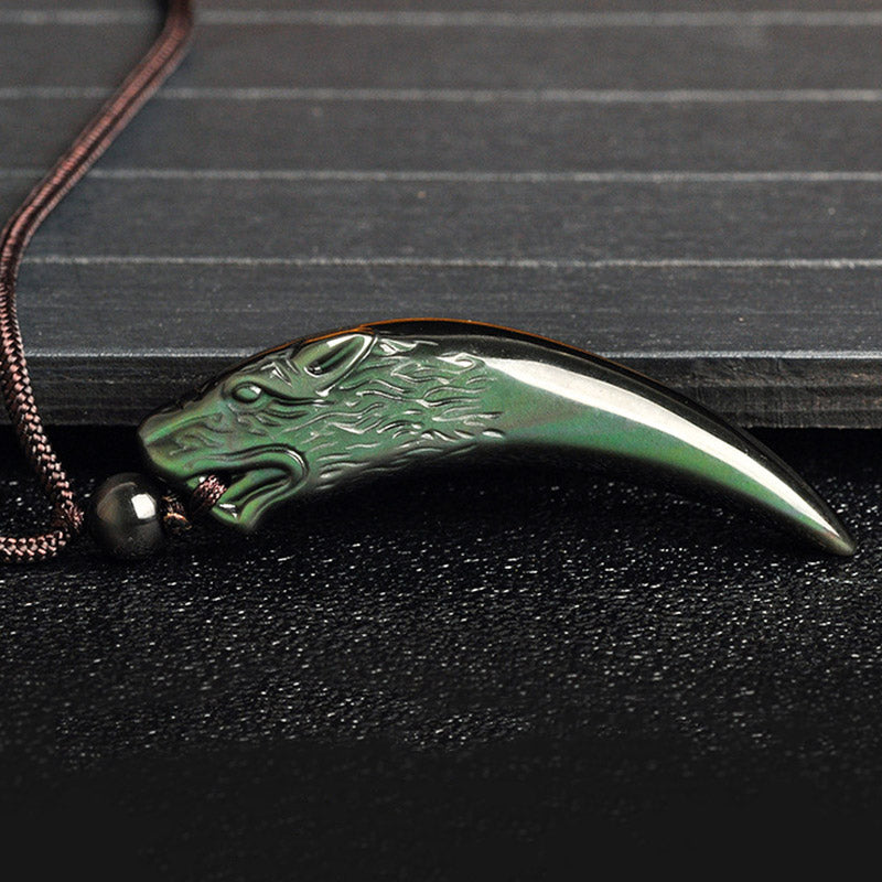 Wear FengShui Natural Black Obsidian Ice Obsidian Rainbow Obsidian Wolf Tooth Pattern Strength Necklace Pendant