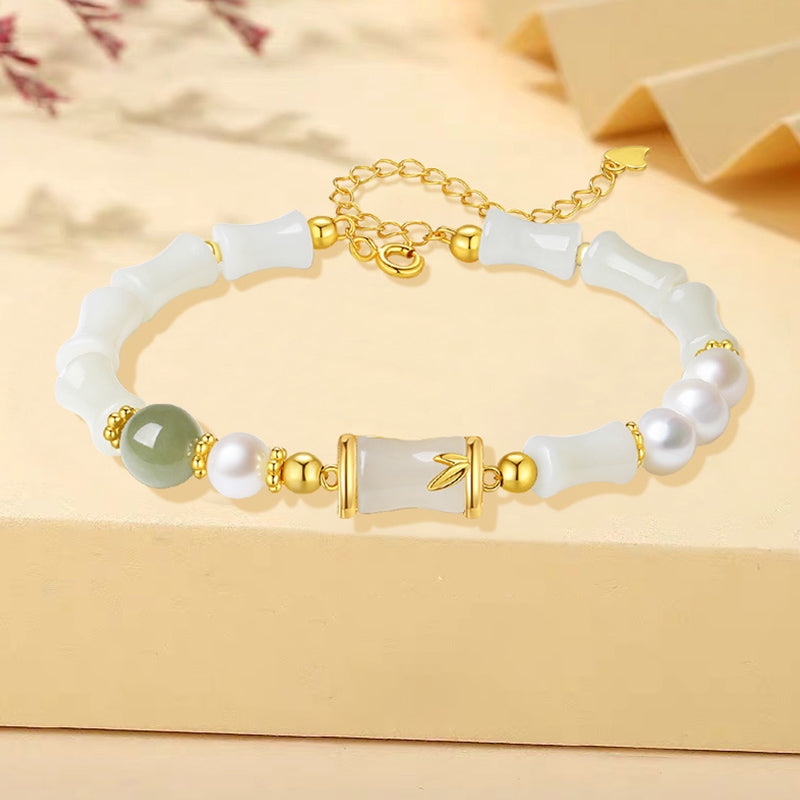 Wear FengShui 925 Sterling Silver Natural Hetian White Jade Bamboo Luck Blessing Bracelet
